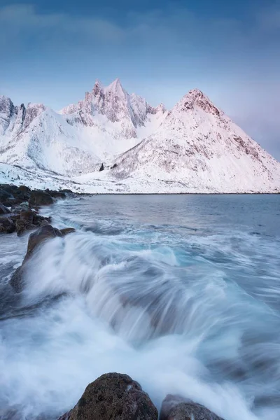 Polarnatt Senja Panoramautsikt Landskap Nordisk Snö Kall Vinter Norge Hav — Stockfoto