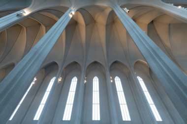 Reykjavik, İzlanda, 04 04 04 2022: Hallgrmur İç Kilisesi (Hallgrmskirkja) - Reykjavik İzlanda turizm merkezi, başkent simgesi Tavana bakıyorum.