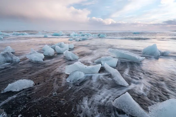 İzlanda 'da elmas plajı, siyah kum ve buzdağının üzerinde eriyen mavi buzdağları, gün doğumuyla parlayan güneş ışığı, güzel kutup manzarasına bakan turist, İzlanda' nın güney kıyısı, Jokulsarlon