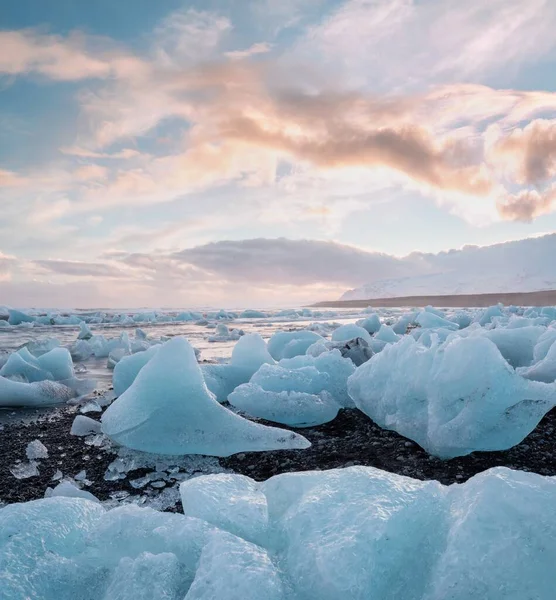 青い氷山が黒い砂の上で溶けているアイスランドのダイヤモンドビーチと日の出の光で輝く氷 美しい北極の自然景観を見る観光客 アイスランド南海岸 ジョクルサロン — ストック写真