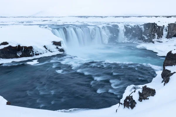Vattenfallet Goðafoss Vid Solnedgången Vintern Island — Stockfoto
