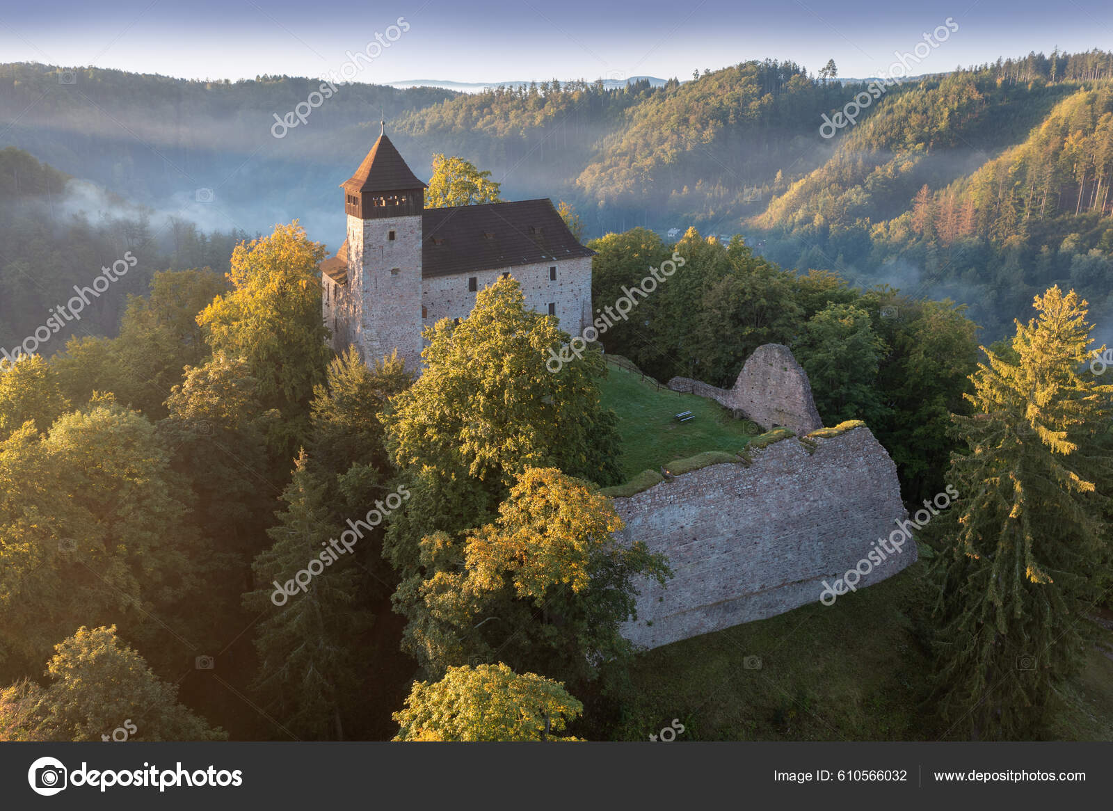 Historical Castle Litice Bohemia Czech Republic Magical Sunrise Forest  Fantasy Stock Photo by ©MichalBalada 610566032