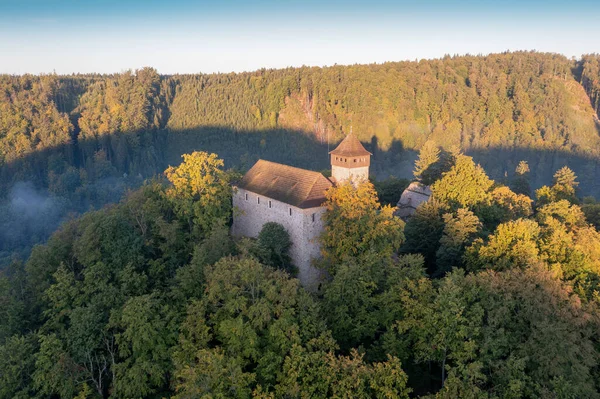 Castelo Histórico Litice Boêmia República Tcheca Amanhecer Mágico Floresta Fantasia — Fotografia de Stock