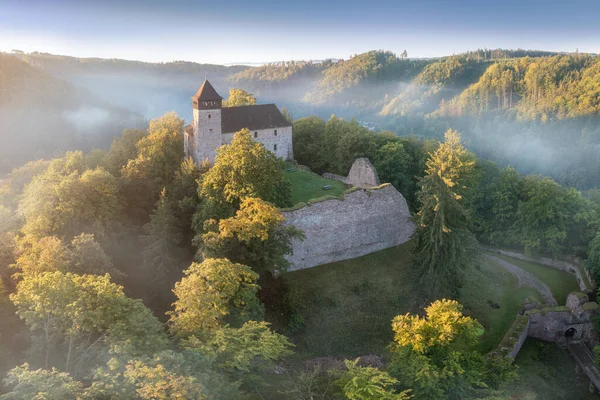 Historisch Kasteel Litice Bohemen Tsjechië Magische Zonsopgang Het Bos Fantasie — Stockfoto