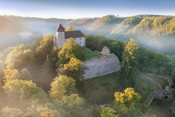 Historisch Kasteel Litice Bohemen Tsjechië Magische Zonsopgang Het Bos Fantasie — Stockfoto