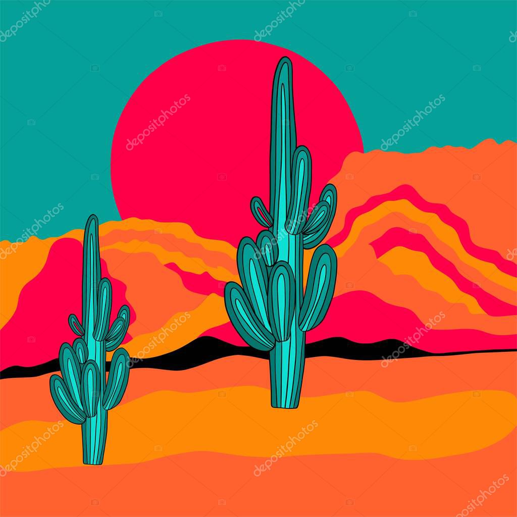 Cacti in the desert. Saguaro national park. Vector illustration