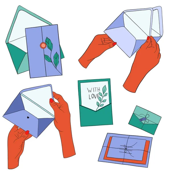Ταχυδρομικοί Φάκελοι Και Κάρτες Φάκελοι Στο Χέρι Χειροποίητο Διάνυσμα Όλα — Διανυσματικό Αρχείο