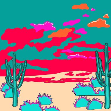 Gün batımında çölde kaktüs. Saguaro Ulusal Parkı. Vektör illüstrasyonu