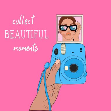 Kamera ve fotoğraf elinde. Mesaj için yer. İzole vektör illüstrasyonu