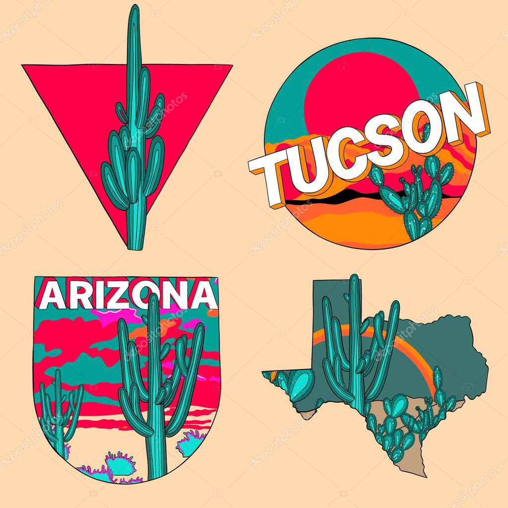 Vintage style sticker set. Arizona, Tucson, Saguaro national park, Texas