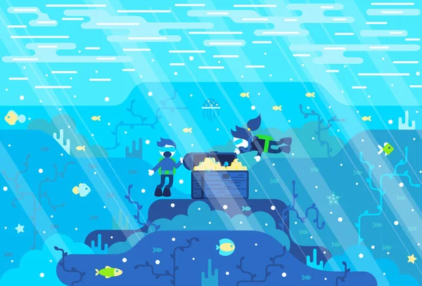 Kız ve erkek, deniz tabanındaki hazine sandığının yanında küçük dalgıçlar - oyun stilinde vektör çizimi — Stok Vektör