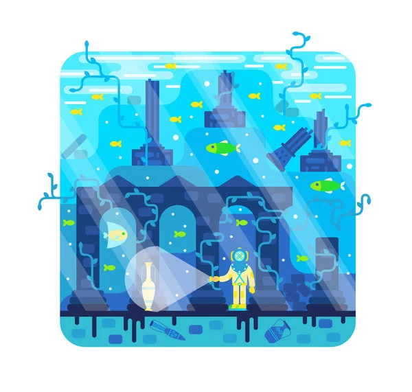 Глубоководный ныряльщик на дне моря, руины затопленного города. Векторная иллюстрация — стоковый вектор
