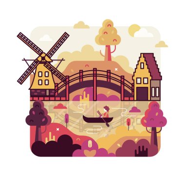 Teknedeki adam köprü, değirmen ve tekne hangarının yanında yüzüyor.