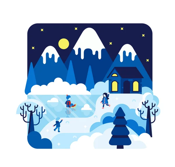 Ilustración plana de dibujos animados vectoriales: los niños juegan bolas de nieve junto a una casa de pueblo junto a un lago congelado — Vector de stock