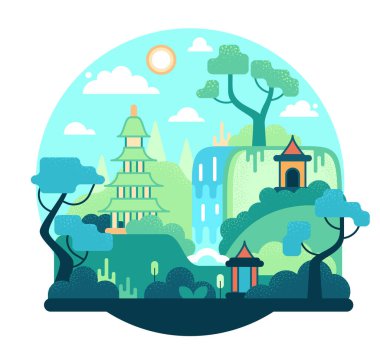 Ağaçların arasında bir şelalenin yanındaki doğu köyü - Düz oyun tasarımında vektör karikatür çizimi