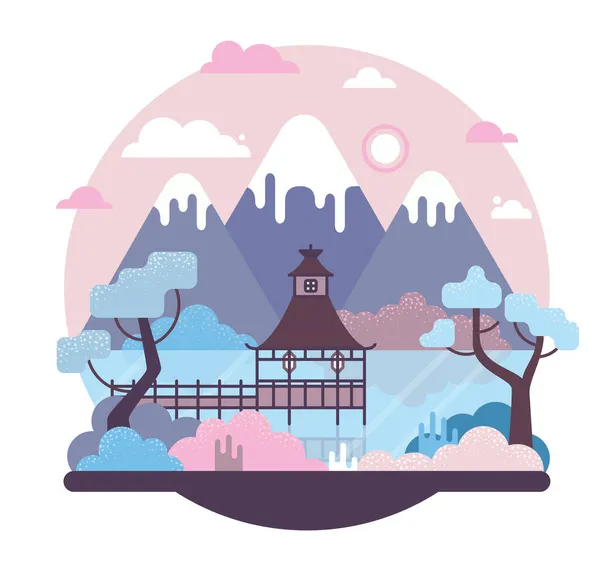 Παγόδα στη λίμνη μεταξύ των βουνών και των δέντρων - διάνυσμα εικονογράφηση κινουμένων σχεδίων σε επίπεδη σχεδίαση παιχνίδι — Διανυσματικό Αρχείο