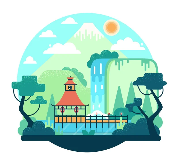 Пагода на воде. Водопад, заснеженные горы и деревья над озером - векторная иллюстрация в плоском игровом дизайне — стоковый вектор