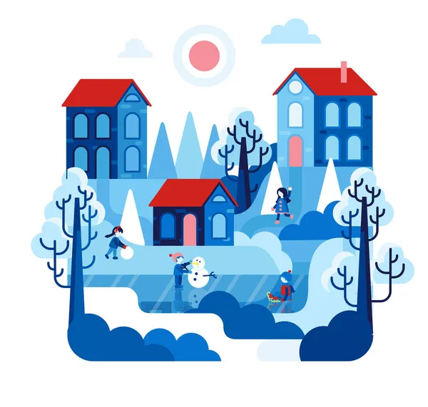 Векторная карикатура с детьми играет в зимние игры в деревне. Замерзшее озеро и дома с красными крышами и деревьями, покрытыми снегом — стоковый вектор