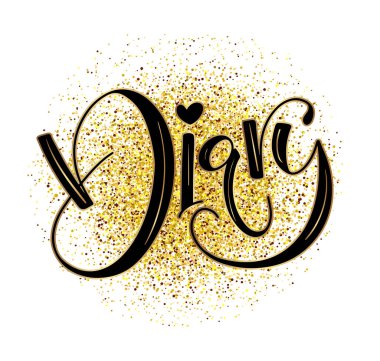 Günlük - karalama kalpli el yazısı, altın üzerine siyah metin içeren vektör illüstrasyonu, simli arkaplan