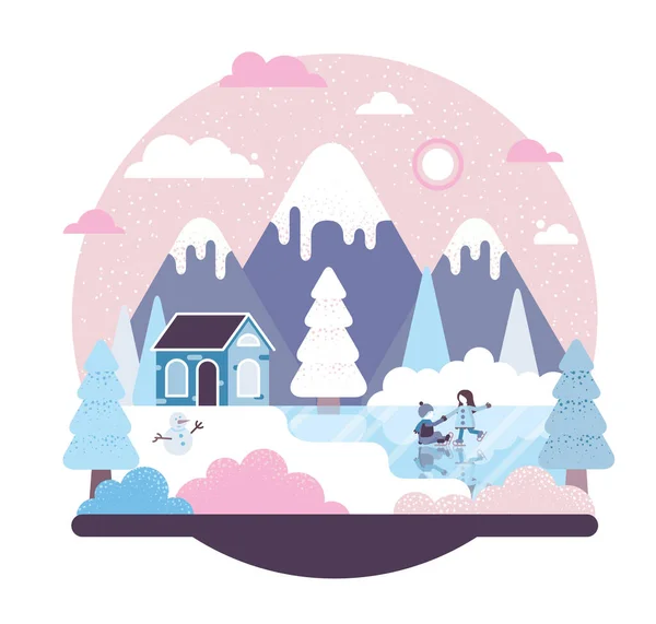 Menino e menina patinação no gelo em um lago congelado ao lado de uma pequena casa - ilustração desenho animado vetorial em stile plana — Vetor de Stock