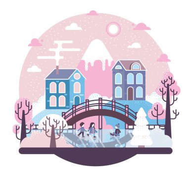 Çocuklarla ilgili vektör karikatür karikatürü donmuş bir gölün üzerindeki köprünün altında kış oyunları oynuyor - evler ve ağaçlarla kaplı