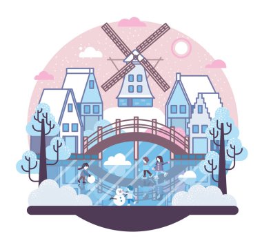 Karikatüristler buz pateni yapıyorlar donmuş bir nehrin üzerinde Vector çizgi filminde düz stil ile.