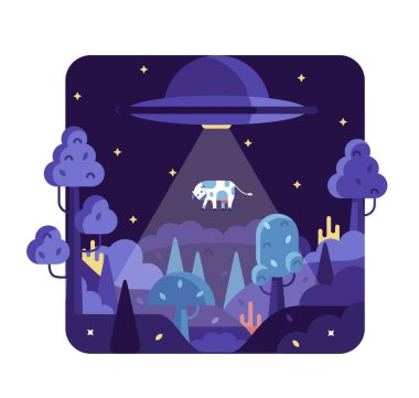 UFO bir ineği uçan bir gemiye kaldırıyor - vektör düz çizgi film çizimi