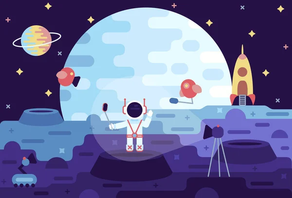 Astronauta che filma il suo blog sulla luna - illustrazione dei cartoni animati vettoriali con turismo spaziale o reportage sulla vita sulla luna Vettoriale Stock