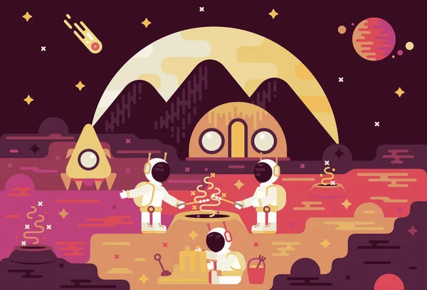 Concept de tourisme spatial - Trois astronautes se détendent, font frire des guimauves près du cratère et construisent un château de sable — Image vectorielle