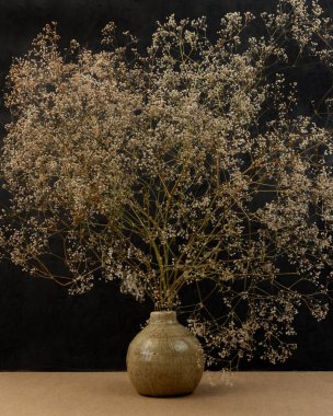 Seramik bir vazoda modern kurutulmuş pampas otu düzenlemesi. Art deco, Boho 'nun yıldönümü hediyesi, doğum günü, anneler günü. Ön görünüm