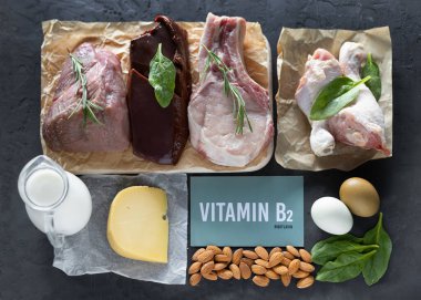 B2 Riboflavin vitamini açısından zengin doğal ürünler. Sağlıklı gıda konsepti. Üzerinde yazı olan yeşil karton imza..
