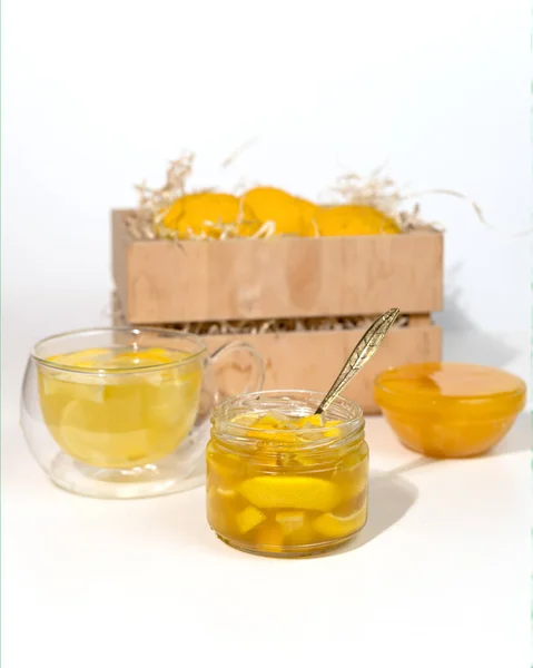 Glass Jar Yuzu Jam Wooden Box Yellow Citrus Yuzu Fruit — Stock Photo, Image