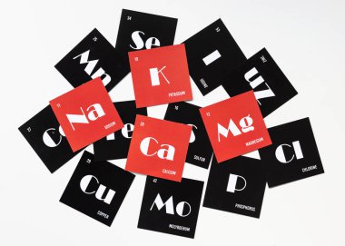 Cards with the names of the chemical elements of the periodic system. Alfabet of electrolytes on red cardboard. Top view