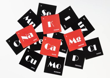 Cards with the names of the chemical elements of the periodic system. Alfabet of electrolytes on red cardboard. Top view clipart