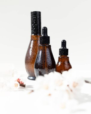 Siyah kapaklı ve beyaz üzerine kiraz çiçeği olan kehribar rengi cam damlalar. Doğal bahar arkaplanı. Organik, biyolojik, doğal kozmetik. Güzellik, cilt bakımı, model..