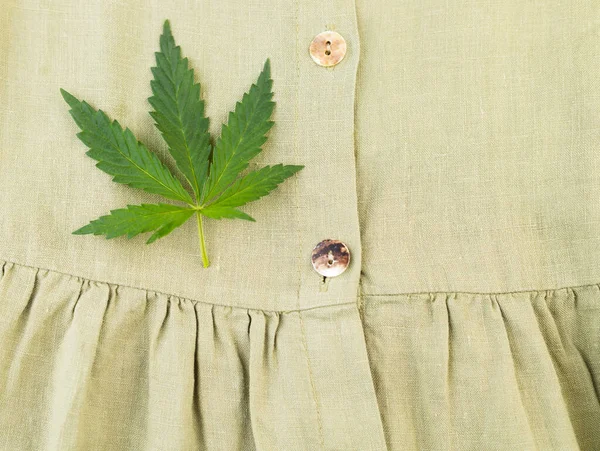 Kenevir Yaprağıyla Organik Kenevir Lifinden Yapılmış Elbisenin Yakın Çekimi Kenevir — Stok fotoğraf