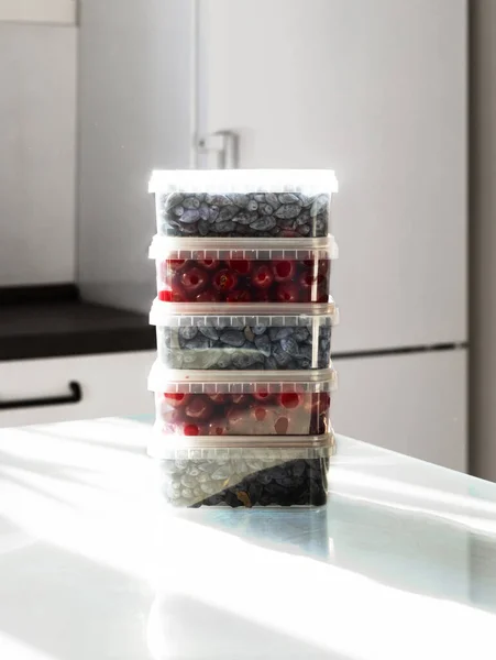 Ripe Berries Plastic Boxes Ready Frozen Freezer Low Carb Cherry — Stok fotoğraf