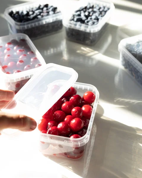 Ripe Berries Plastic Boxes Ready Frozen Freezer Low Carb Cherry — Stok fotoğraf