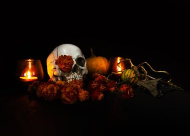 Skull, Burning candles and orange marigold flowers on black background. Concept of Dia de los muertos day or day of the dead. Dark halloween banner.
