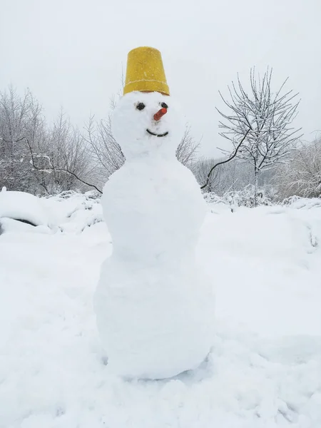 3つの雪玉で作られた雪だるま 彼は頭の上に黄色のバケツ 目の代わりに鼻と石炭の代わりにニンジンを持っています 冬の風景を背景に — ストック写真