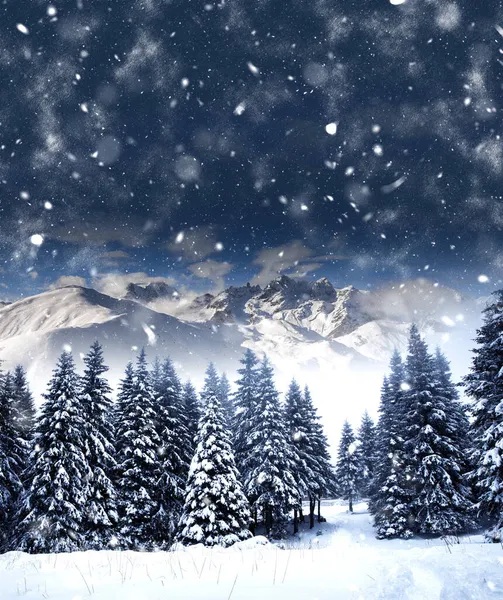 Christmas Background Snowy Fir Trees Mountains Heavy Blizzard — Stock Photo, Image