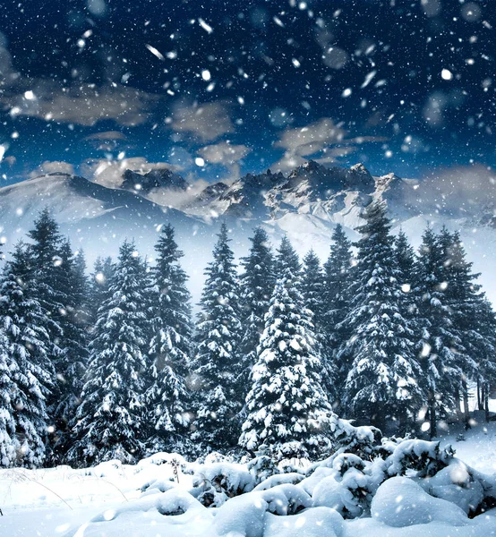 Jul Bakgrund Med Snöiga Gran Träd Och Berg Tung Snöstorm — Stockfoto