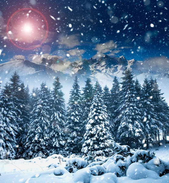Jul Bakgrund Med Snöiga Gran Träd Och Berg Tung Snöstorm — Stockfoto