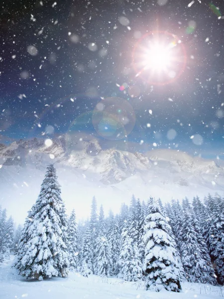 Χριστουγεννιάτικο Φόντο Χιονισμένα Έλατα Και Βουνά Βαριά Χιονοθύελλα — Φωτογραφία Αρχείου