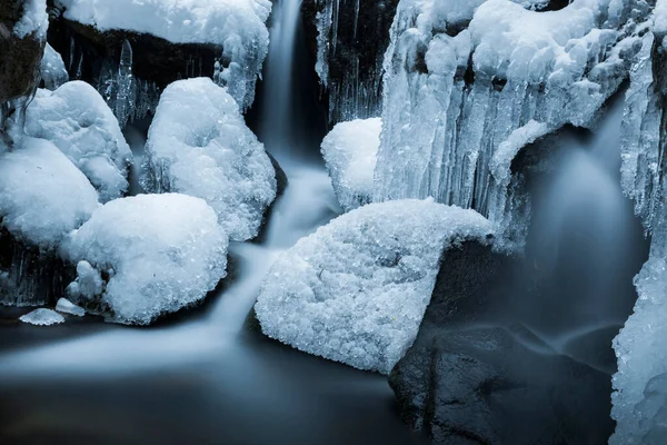 Vue Panoramique Cours Eau Gelé Hiver Gros Plan Images De Stock Libres De Droits