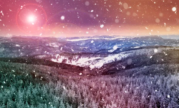 Schöne Aussicht Auf Berge Und Kiefern Bei Riesigem Schneetreiben Stockbild