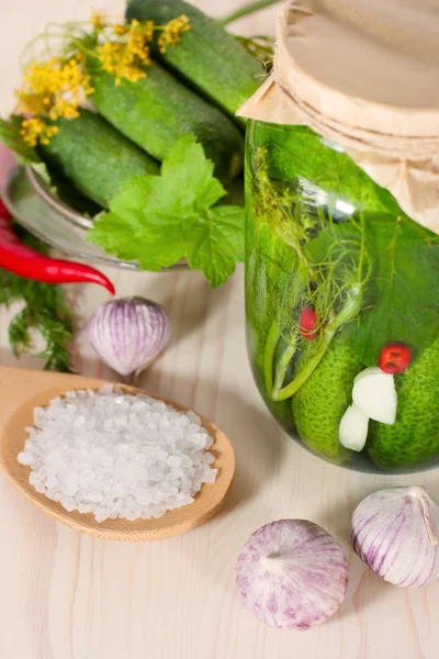 Voorbereiding van conserven van gepekelde komkommers — Stockfoto