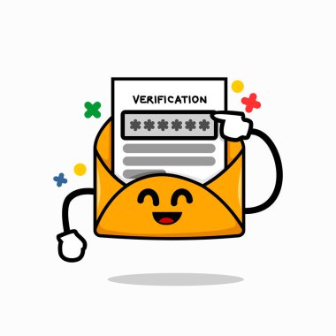 e-posta doğrulama kodu kavramı. Doğrulama harfi vektör illüstrasyonlu şirin posta çizgi film yüzü