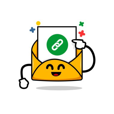 e-posta bağlantısı konsepti. izole şirin posta çizgi film yüzü bir hiper bağlantı eklenti vektör illüstrasyonunda gösterilir