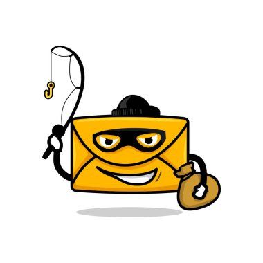 e-posta konsepti. İzole edilmiş kötü adam e-posta karikatür yüzü elinde olta direği çizimi